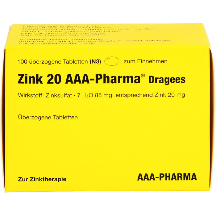 Zink 20 AAA-Pharma Dragees zur Zinktherapie, 100 St. Tabletten