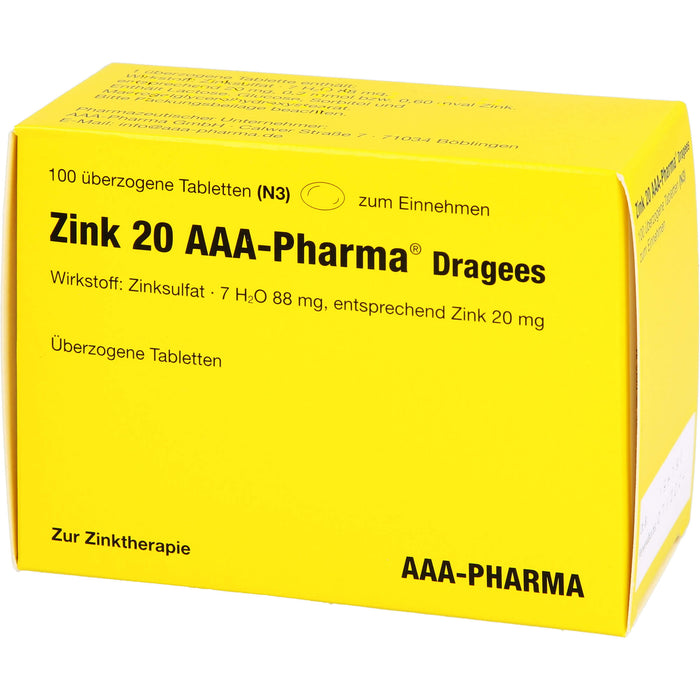 Zink 20 AAA-Pharma Dragees zur Zinktherapie, 100 pcs. Tablets