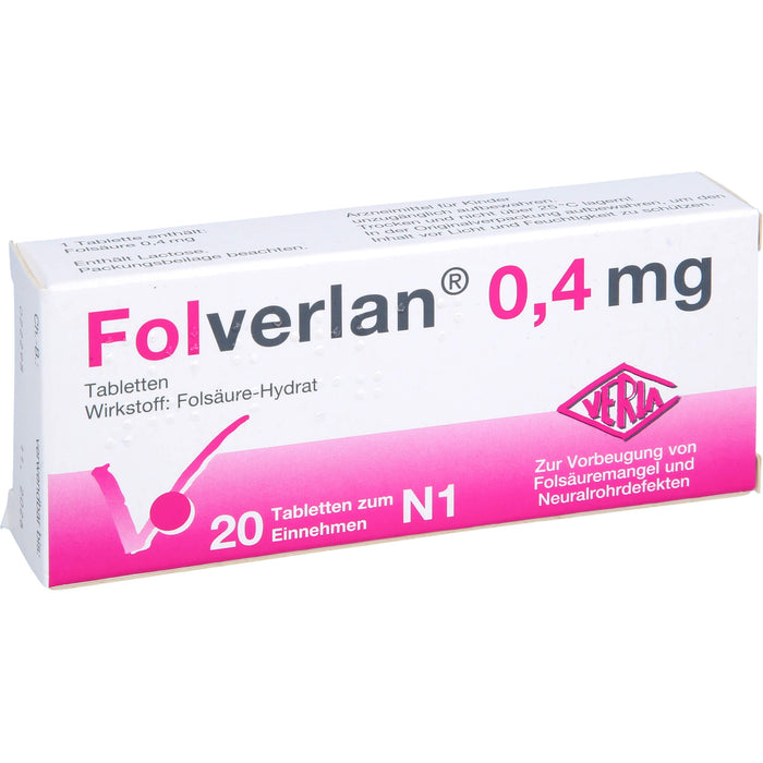 VERLA Folverlan 0,4 mg Tabletten zur Vorbeugung von Folsäuremangel und Neuralrohrdefekten, 20 St. Tabletten