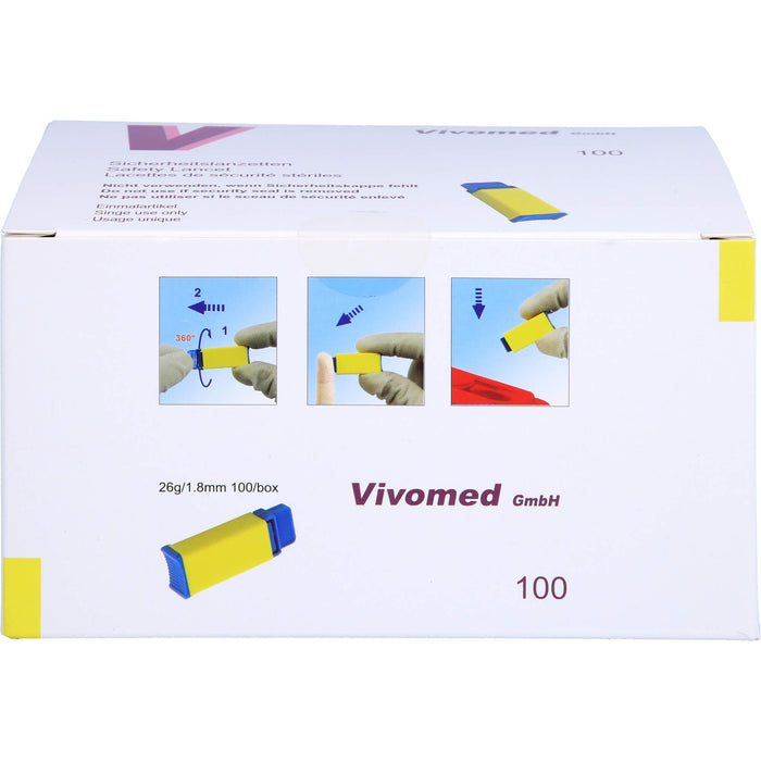 Vivomed Sicherheitsblutlanzetten gelb 26 G x 1,8 mm, 100 pc Paquet