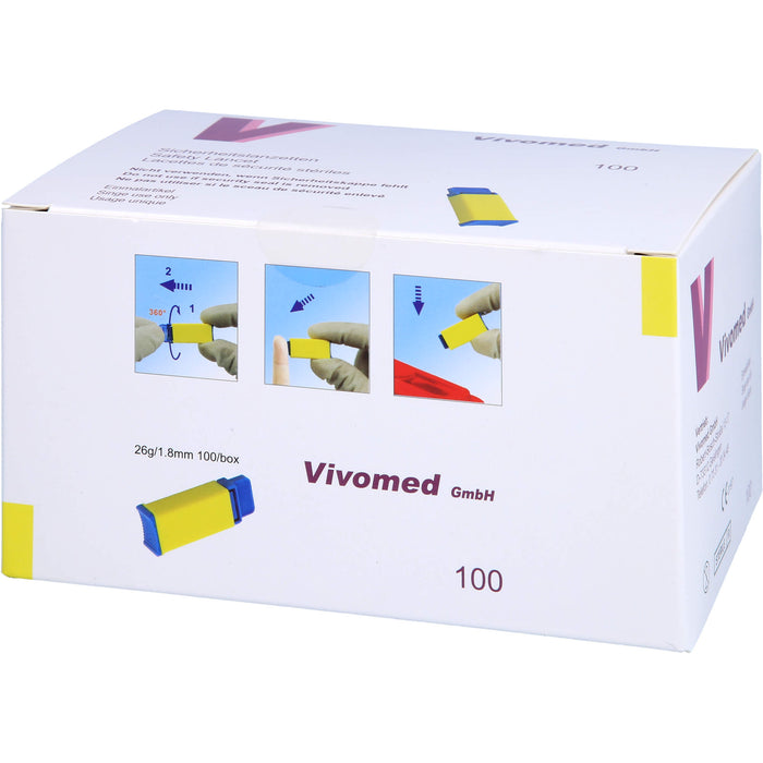 Vivomed Sicherheitsblutlanzetten gelb 26 G x 1,8 mm, 100 pcs. Pack