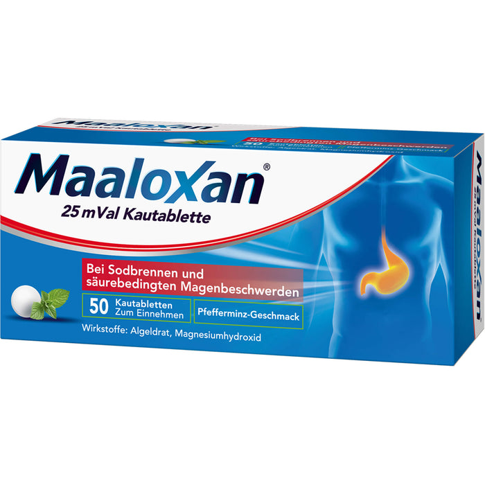 Maaloxan 25 mVal bei Sodbrennen Kautabletten Pfefferminz-Geschmack, 50 pcs. Tablets