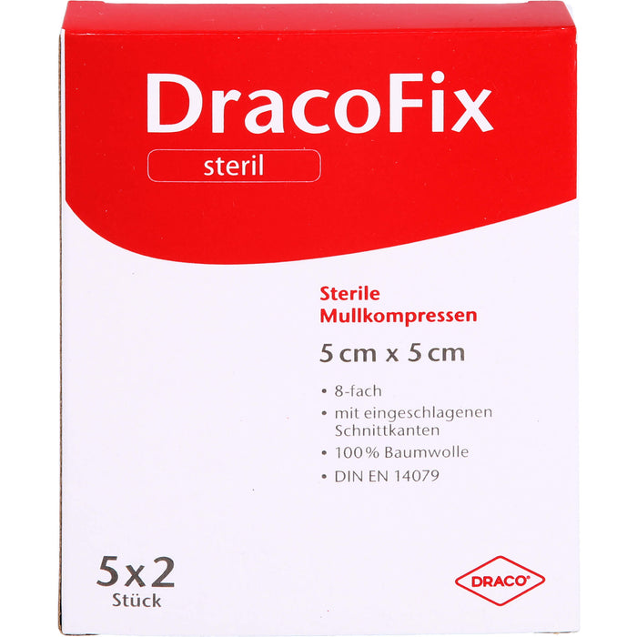 DracoFix Mullkompressen steril 8fach 5 x 5 cm zur Wundversorgung, 10 pc Compresses