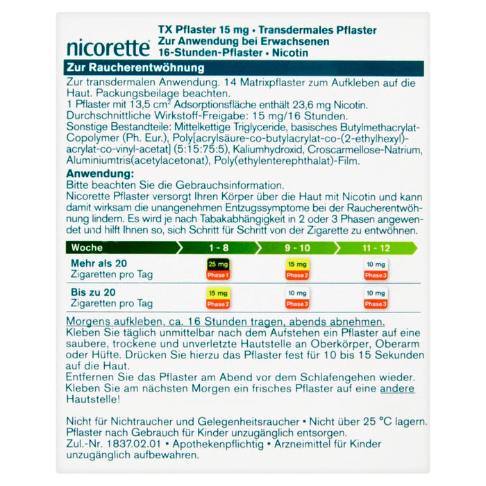 nicorette TX Pflaster 15 mg zur Raucherentwöhnung, 14 pcs. Patch