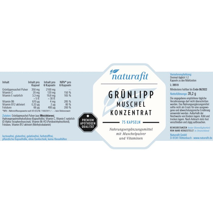 naturafit Grünlipp Muschel Konzentrat Kapseln, 75 pcs. Capsules