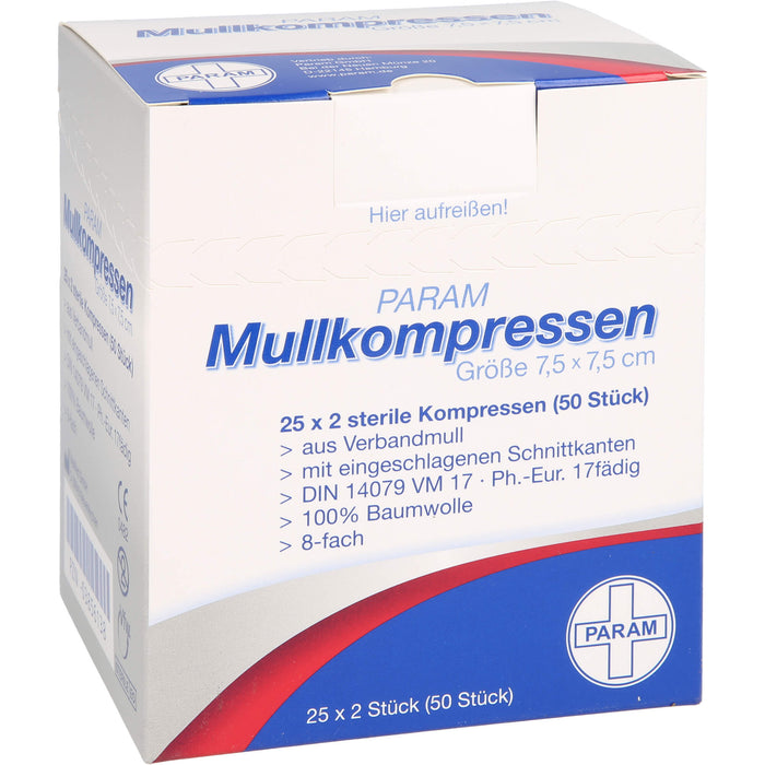 PARAM Mullkompressen 7,5 cm x 7,5 cm steril 8-fach, 50 St. Kompressen