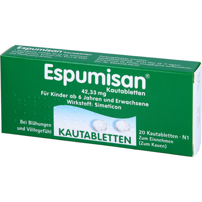 Espumisan 42,33 mg Kautabletten bei Blähungen und Völlegefühl, 20 pcs. Tablets