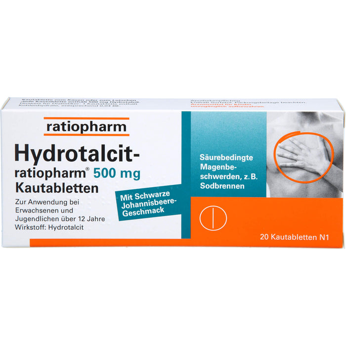 Hydrotalcit-ratiopharm 500 mg Kautabletten bei säurebedingte Magenbeschwerden wie Sodbrennen, 20 pcs. Tablets