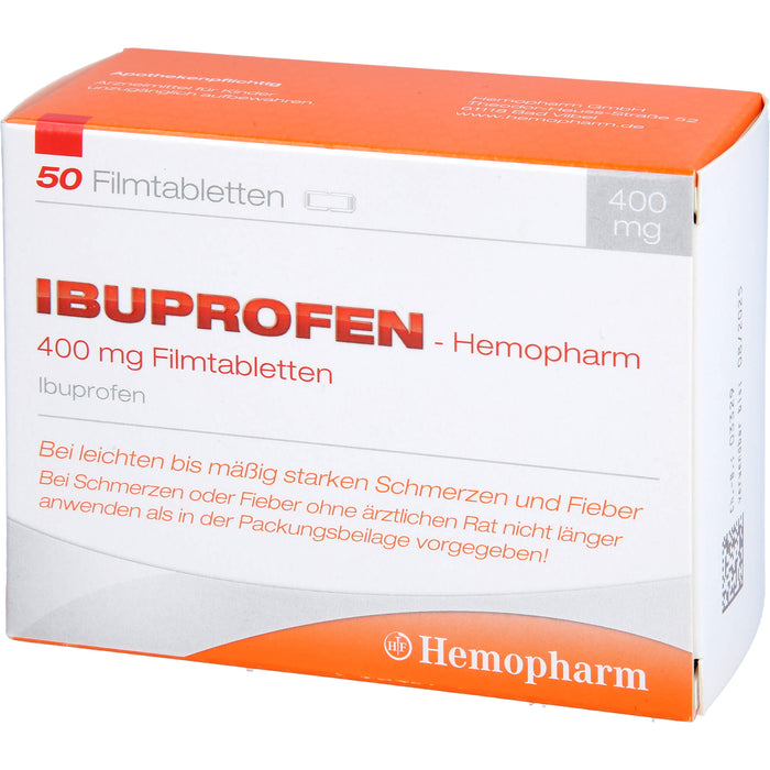 Ibuprofen-Hemopharm 400 mg Filmtabletten  bei leichten bis mäßig starken Schmerzen und Fieber, 50 pcs. Tablets