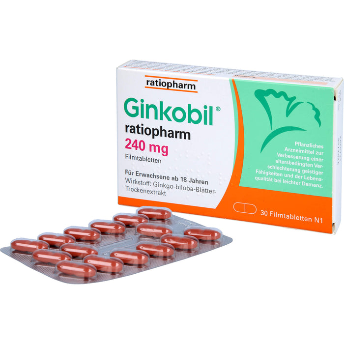 Ginkobil ratiopharm 240 mg Filmtabletten bei altersbedingter Verschlechterung geistiger Fähigkeiten, 30 pcs. Tablets