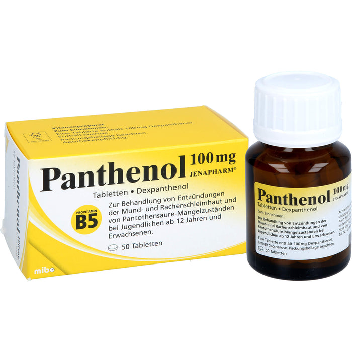 Panthenol 100 mg JENAPHARM Tabletten zur Behandlung von Entzündungen der Mund- und Rachenschleimhaut und von Pantothensäure-Mangelzuständen, 50 pc Tablettes