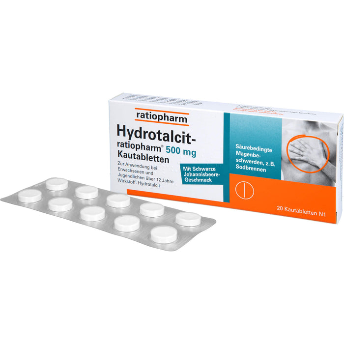 Hydrotalcit-ratiopharm 500 mg Kautabletten bei säurebedingte Magenbeschwerden wie Sodbrennen, 20 pc Tablettes