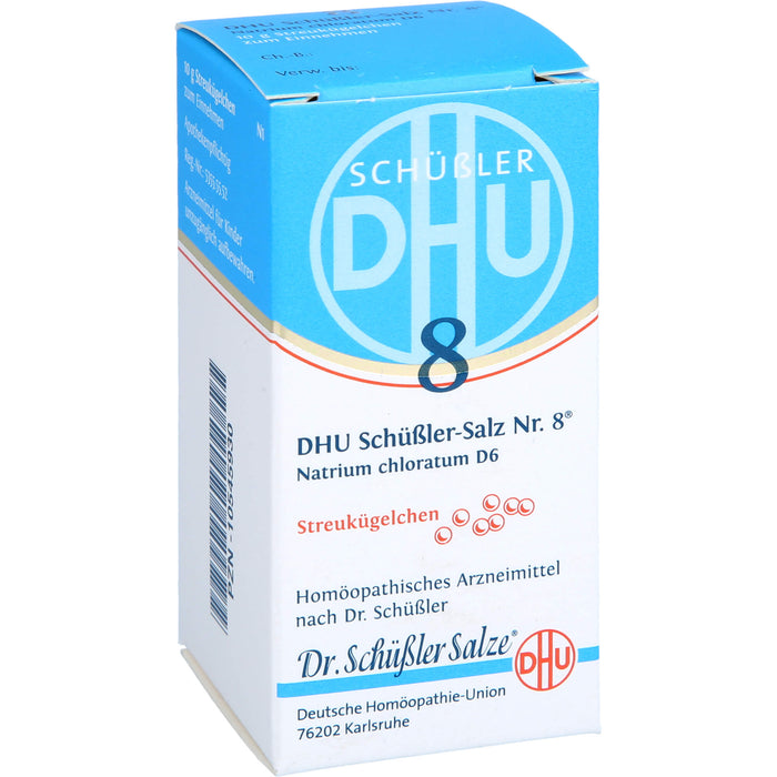 DHU Schüßler-Salz Nr. 8 Natrium chloratum D6 Streukügelchen – Das Mineralsalz des Flüssigkeitshaushalts – das Original – umweltfreundlich im Arzneiglas, 10 g Globuli, 10 g Globuli