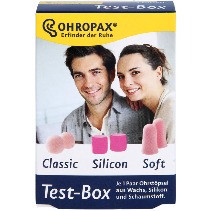 OHROPAX Test-Box je 1 Paar Ohrstöpsel aus Wachs, Silikon und Schaumstoff, 6 pc Bouchons d'oreilles