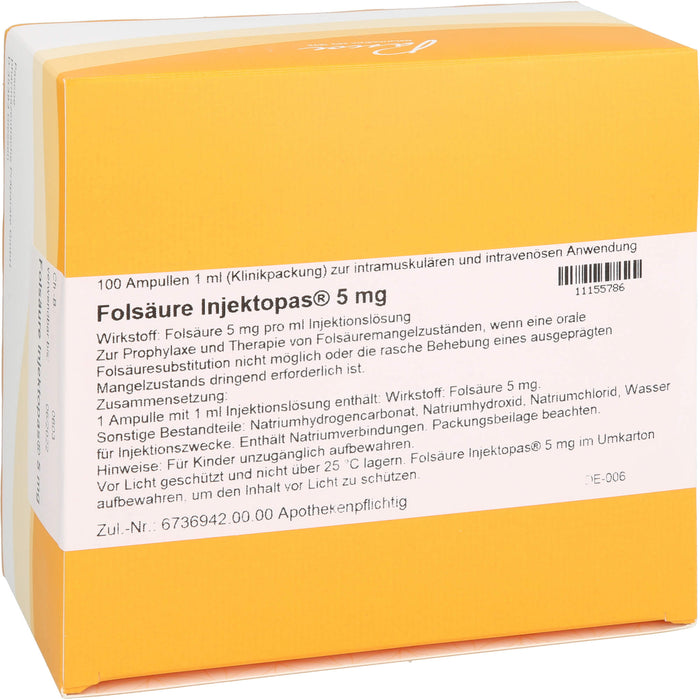 Pascoe Folsäure Injektopas 5 mg Injektionslösung bei Folsäuremangelzuständen, 100 pc Ampoules