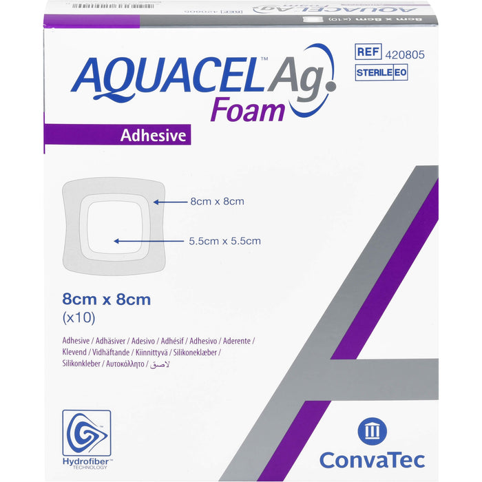 AQUACEL Ag Foam adhäsiv 8x8cm Verband, 10 St VER