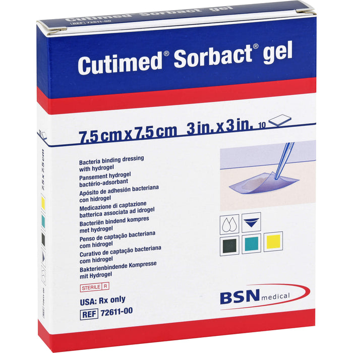 Cutimed Sorbact Gel bakterienbindende Kompresse 7,5 cm x 7,5 cm, 10 pc Compresses