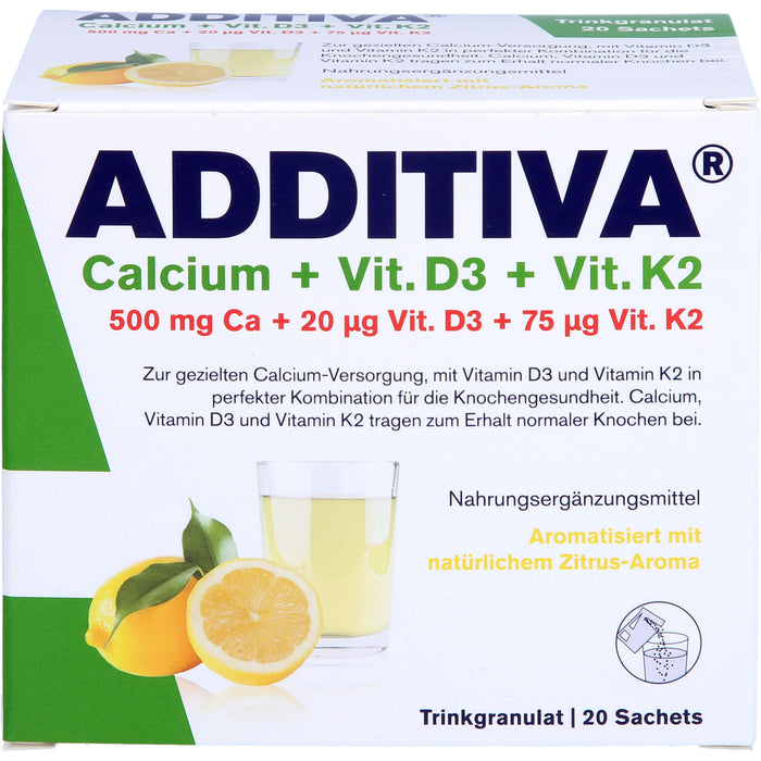 ADDITIVA Calcium + D3 + K2 Trinkgranulat Zitrus-Aroma, 20 pc Sachets