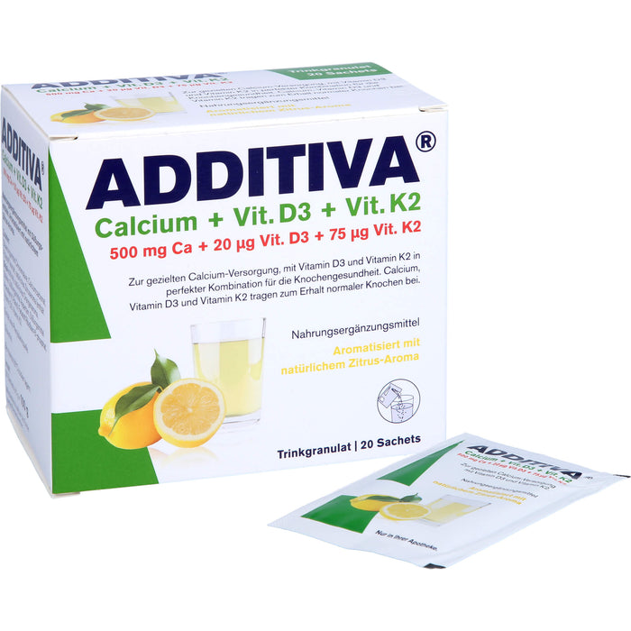 ADDITIVA Calcium + D3 + K2 Trinkgranulat Zitrus-Aroma, 20 pc Sachets