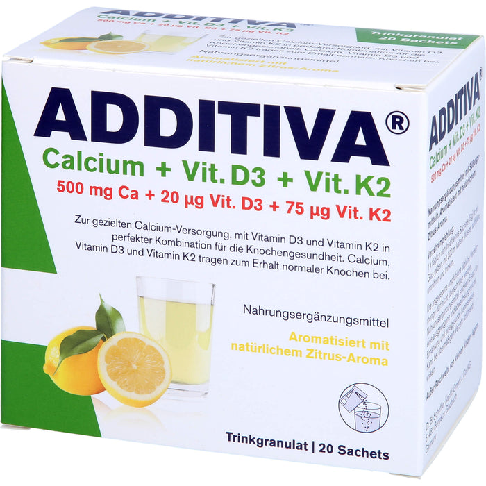 ADDITIVA Calcium + D3 + K2 Trinkgranulat Zitrus-Aroma, 20 pc Sachets