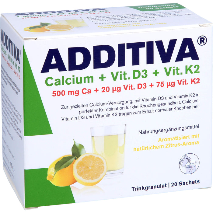 ADDITIVA Calcium + D3 + K2 Trinkgranulat Zitrus-Aroma, 20 pc Sachets