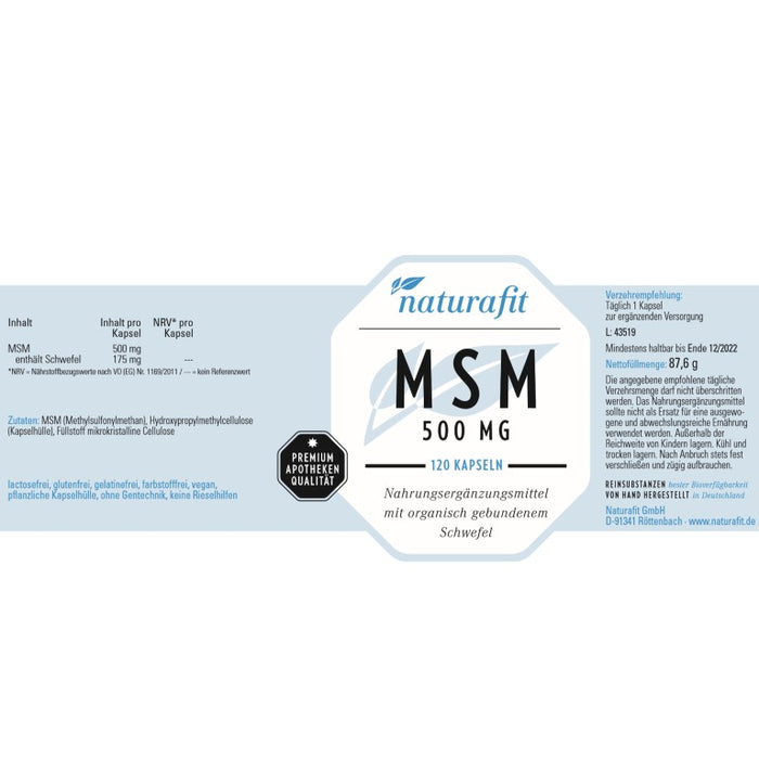 naturafit MSM 500 mg Kapseln, 120 St. Kapseln