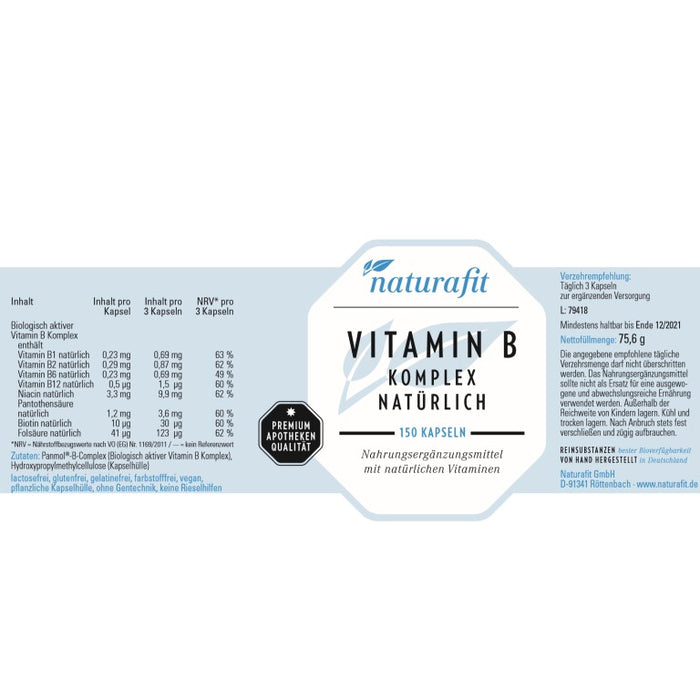 naturafit Vitamin B Komplex natürlich Kapseln, 150 St. Kapseln