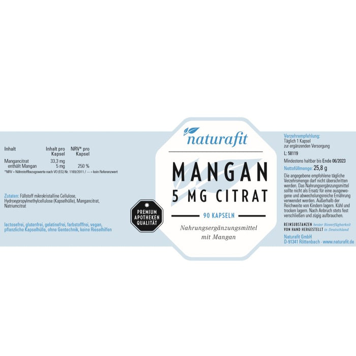 naturafit Mangan 5 mg Citrat Kapseln, 90 pc Capsules