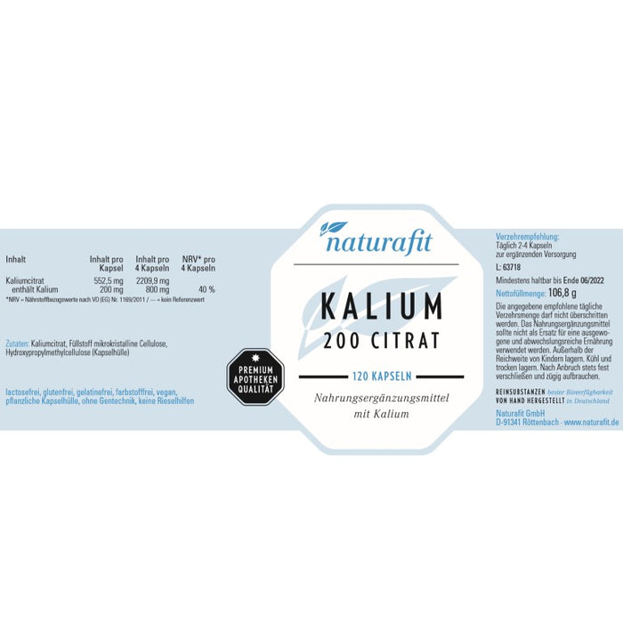 naturafit Kalium 200 Citrat Kapseln, 120 St. Kapseln