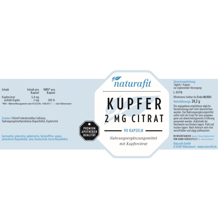 naturafit Kupfer 2 mg Citrat Kapseln, 90 pc Capsules