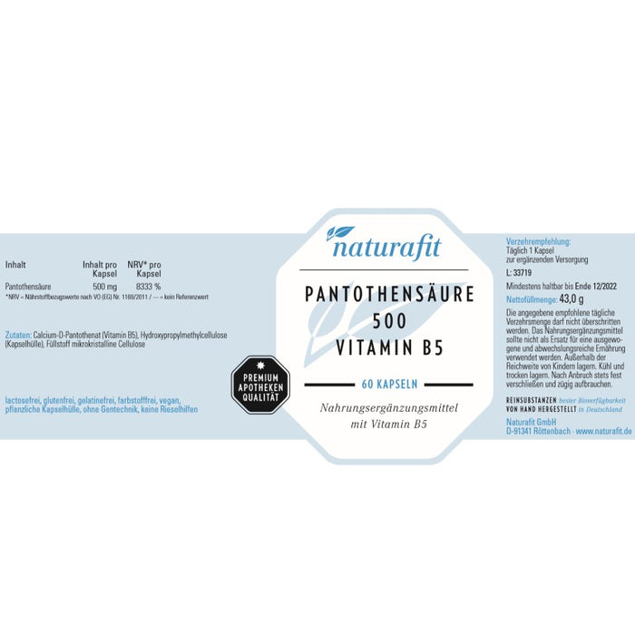 naturafit Pantothensäure 500 (Vitamin B5) Kapseln, 60 pcs. Capsules