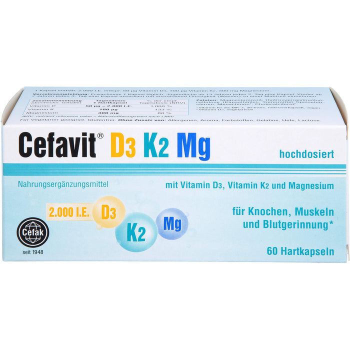 Cefavit D3 K2 Mg Hartkapseln für Knochen, Muskeln und Blutgerinnung, 60 pc Capsules