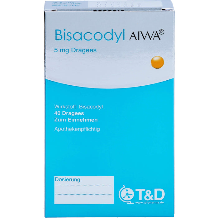 Bisacodyl AIWA 5 mg Dragees für einen erweichten und beschleunigten Stuhlgang, 40 pc Tablettes