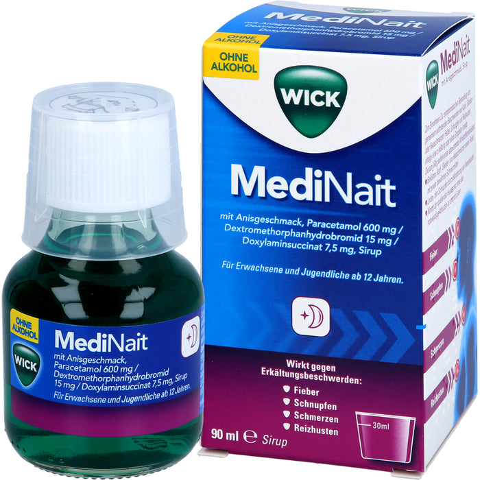 WICK MediNait mit Anisgeschmack Sirup zur effektiven Linderung von 6 Erkältungssymptomen ohne Alkohol ab 12 Jahren, 90 ml Solution