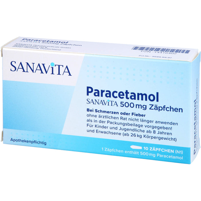 SANAVITA Paracetamol 500 mg Zäpfchen bei Schmerzen und Fieber, 10 pc Suppositoires