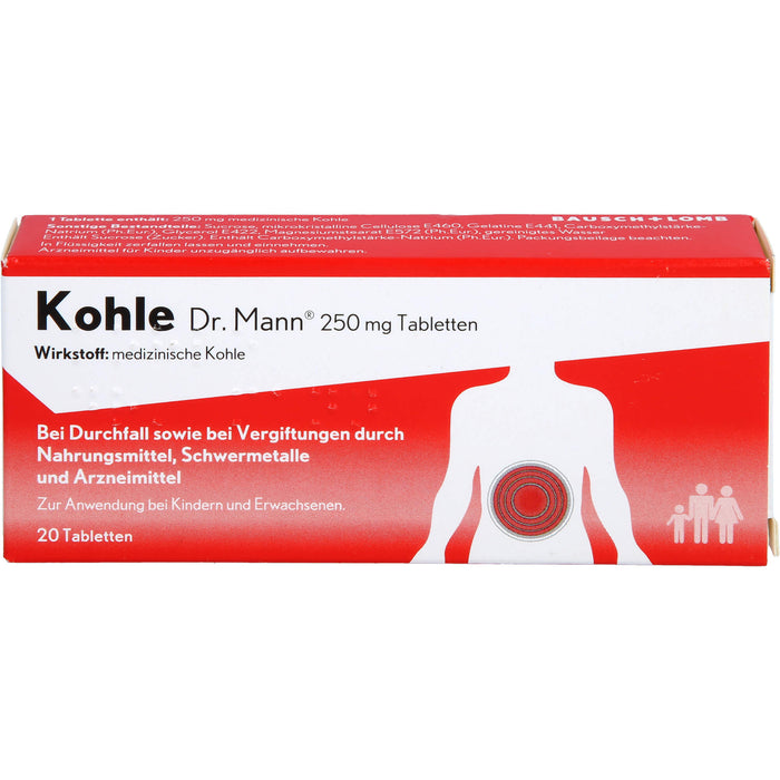 Kohle Dr. Mann 250 mg Tabletten bei Durchfall sowie bei Vergiftungen  durch Nahrungsmittel, 20 St. Tabletten