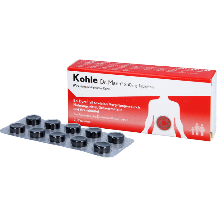 Kohle Dr. Mann 250 mg Tabletten bei Durchfall sowie bei Vergiftungen  durch Nahrungsmittel, 20 St. Tabletten