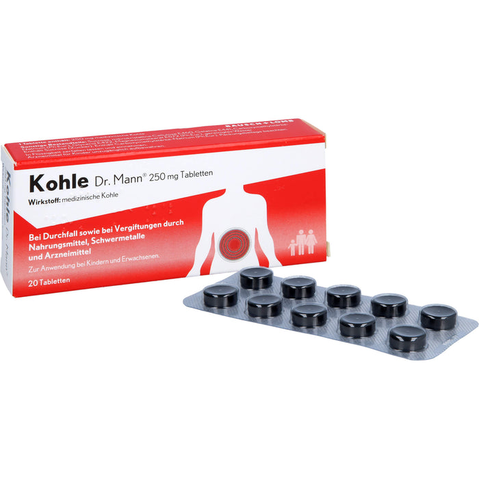 Kohle Dr. Mann 250 mg Tabletten bei Durchfall sowie bei Vergiftungen  durch Nahrungsmittel, 20 pc Tablettes