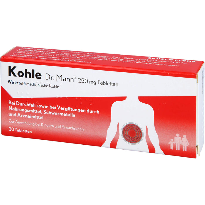 Kohle Dr. Mann 250 mg Tabletten bei Durchfall sowie bei Vergiftungen  durch Nahrungsmittel, 20 pcs. Tablets