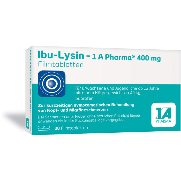 Ibu-Lysin 1A Pharma 400 mg Filmtabletten zur kurzzeitigen symptomatischen Behandlung von Kopf- und Migräneschmerzen, 20 pc Tablettes