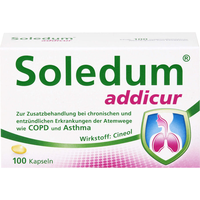 Soledum addicur Weichkapseln zur Zusatzbehandlung bei chronischen und entzündlichen Erkrankungen der Atemwege wie COPD & Asthma, 100 pcs. Capsules