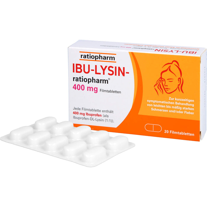 IBU-LYSIN-ratiopharm 400 mg Filmtabletten bei Schmerzen und Fieber, 20 pcs. Tablets