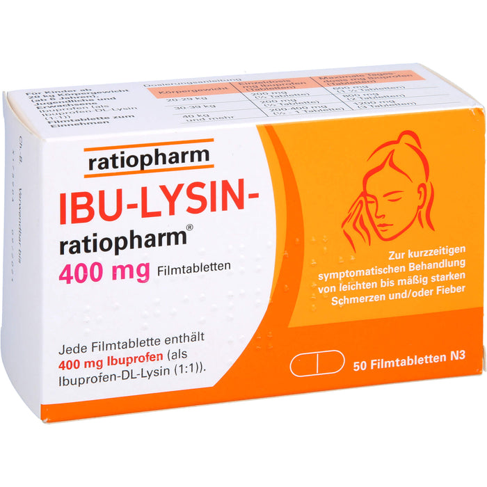 Ibu-Lysin-ratiopharm 400 mg Filmtabletten bei Schmerzen und Fieber, 50 pc Tablettes