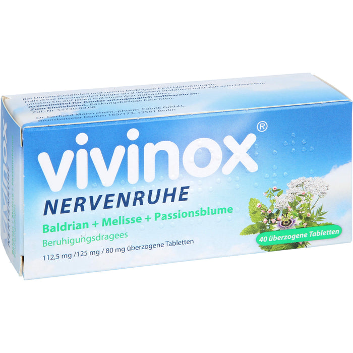 Vivinox Nervenruhe Baldrian + Melisse + Passionsblume .Beruhigungsdragees, 40 pc Dragées