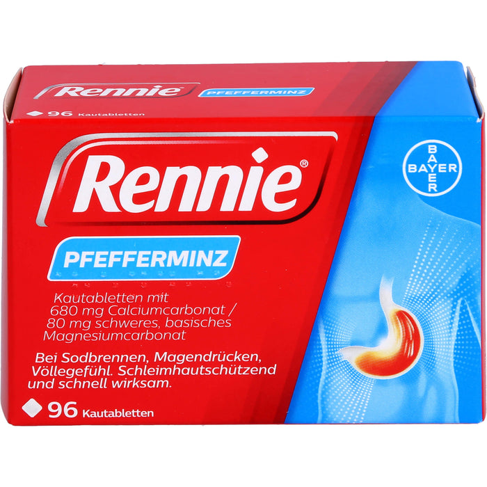 Rennie Kautabletten bei Sodbrennen, Magendrücken und Völlegefühl Pfefferminze, 96 pcs. Tablets