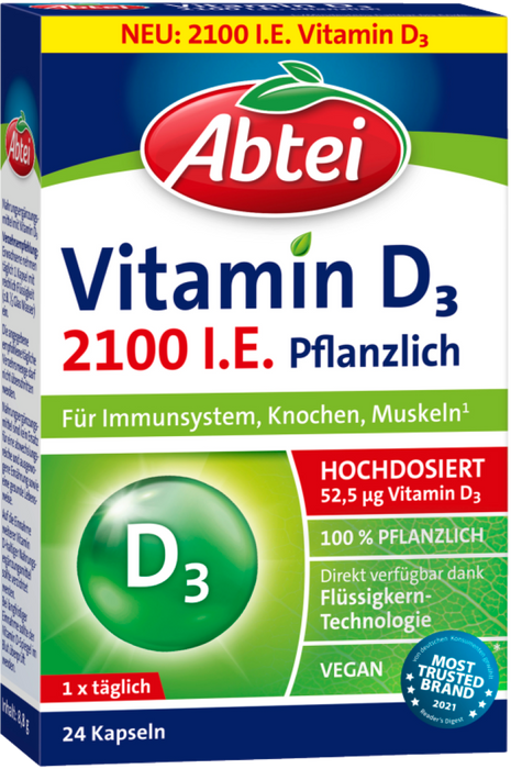 Abtei Vitamin D3 2100 I.E. Kapseln für Immunsystem, Knochen und Muskeln, 24 pc Capsules