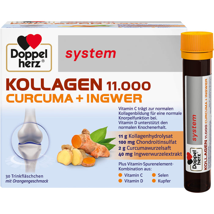 Doppelherz system Kollagen 11,000 Curcuma + Ingwer Lösung für eine normale Knorpelfunktion und zur Unterstützung eines normalen Knochenerhalts, 30 St. Trinkfläschchen