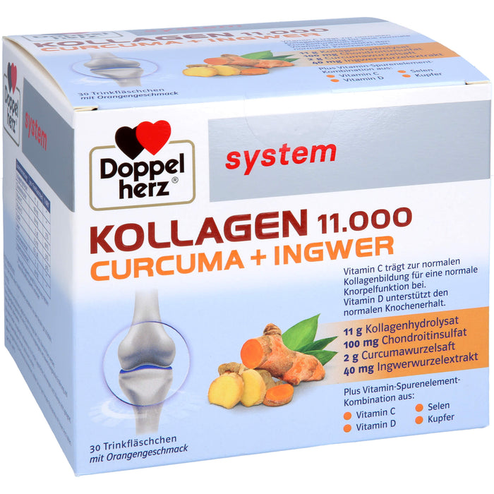 Doppelherz system Kollagen 11,000 Curcuma + Ingwer Lösung für eine normale Knorpelfunktion und zur Unterstützung eines normalen Knochenerhalts, 30 St. Trinkfläschchen