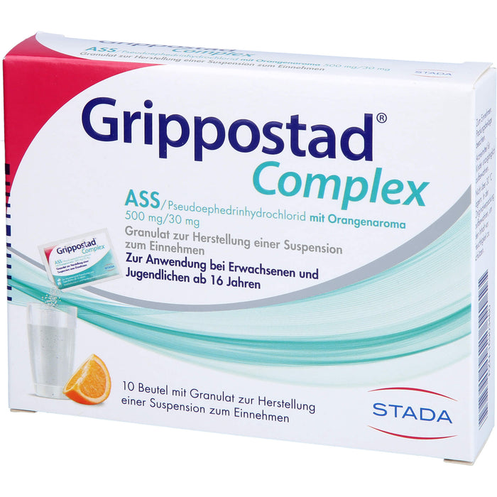 Grippostad Complex ASS / Pseudoephedrinhydrochlorid mit Orangenaroma Granulat bei Schnupfen und erkältungsbedeingten Schmerzen und Fieber, 10 pcs. Sachets