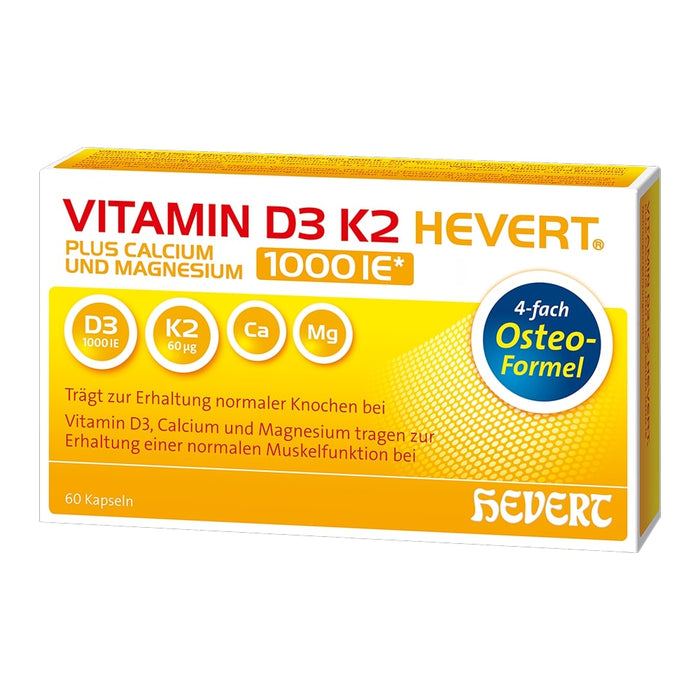 Vitamin D3 K2 Hevert plus Calcium und Magnesium 1.000 I.E. mit 4-fach Osteo-Formel für gesunde Knochen und Muskeln, 60 St. Kapseln